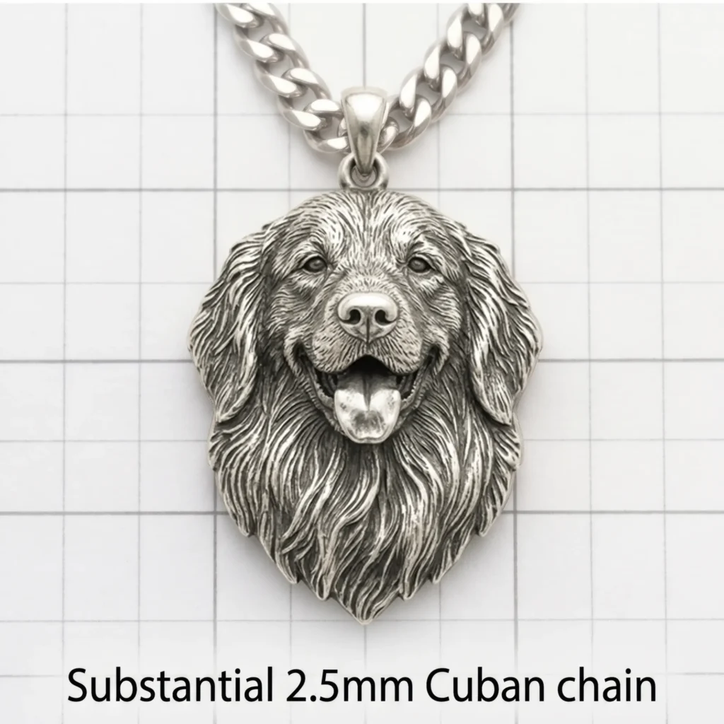 3d carved sterling silver golden retriever dog portrait pendant with 2.5mm cuban chain