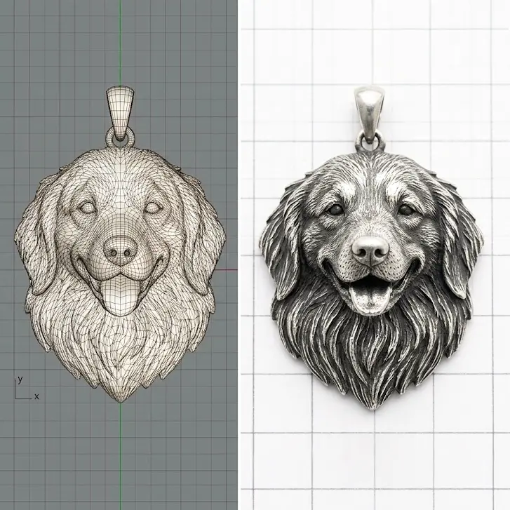 3d digital sculpture and final sterling silver engraved golden retriever dog pendant