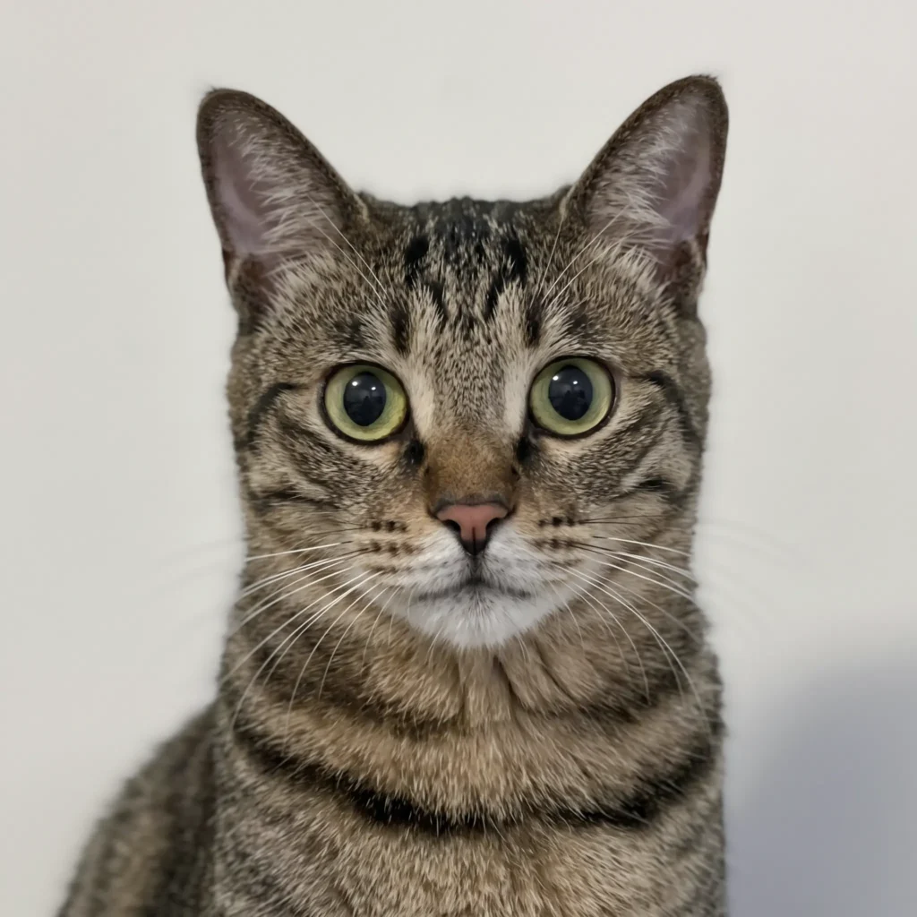 close up photograph of a brown tabby cat with large green eyes for custom pet portrait inspiration