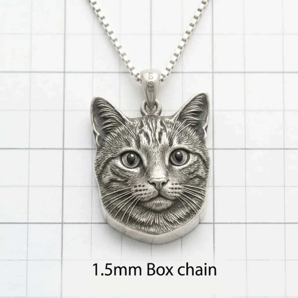 custom 3d carved sterling silver tabby cat portrait pendant necklace with 1.5mm box chain
