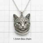 custom 3d carved sterling silver tabby cat portrait pendant necklace with 1.5mm box chain