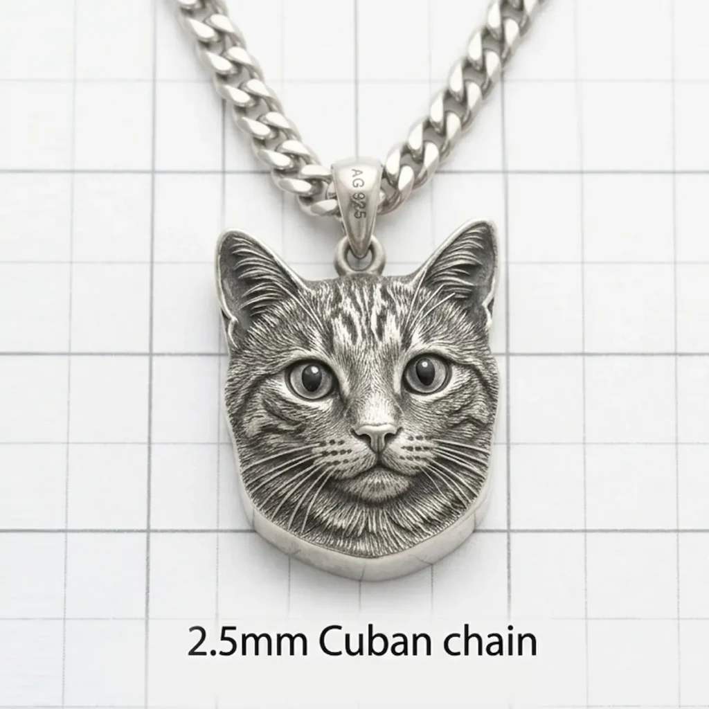 custom 3d carved sterling silver tabby cat portrait pendant necklace with 2.5mm cuban chain