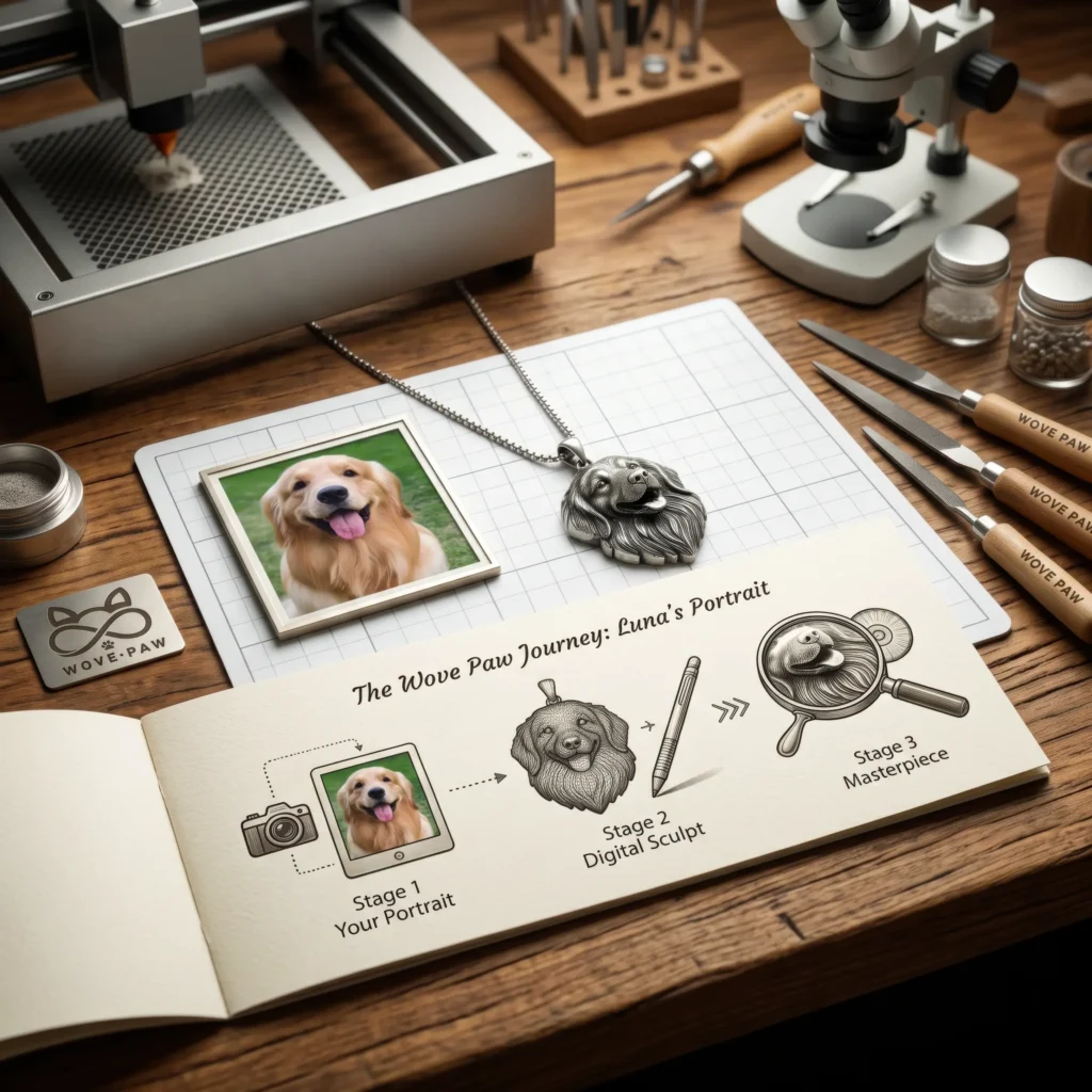 custom golden retriever dog portrait necklace craft process and 3d design workflow wove paw