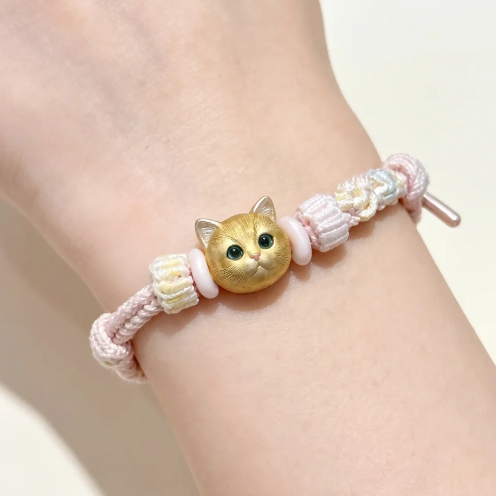 custom enamel golden cat charm on pink woven braided friendship bracelet