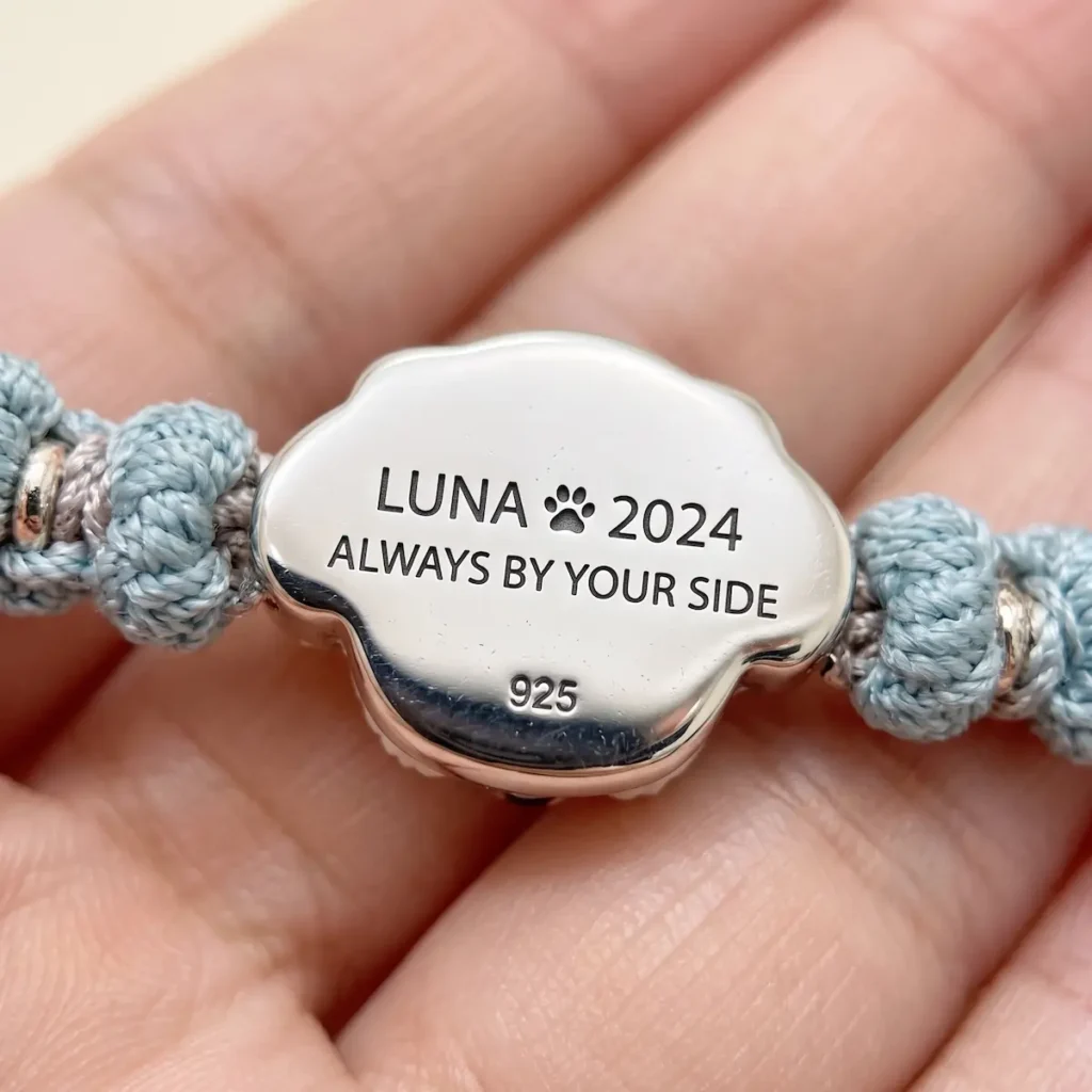 custom engraved message always by your side on back of sterling silver pet memorial charm
