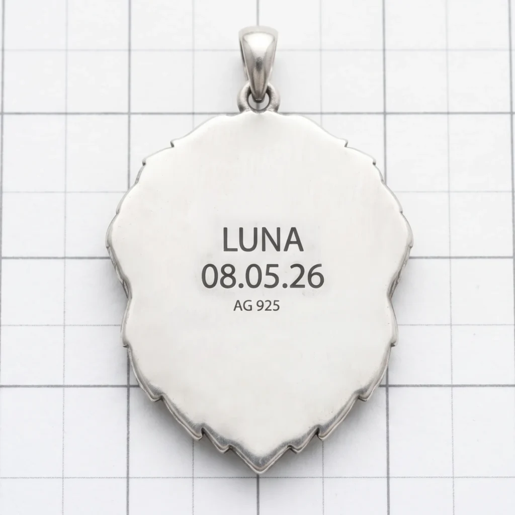 custom engraved name and date back of sterling silver pet memorial pendant wove paw