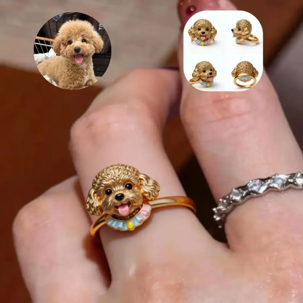 custom gold plated enamel poodle dog portrait ring shown on finger with multi angle views