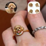 custom gold plated enamel poodle dog portrait ring shown on finger with multi angle views