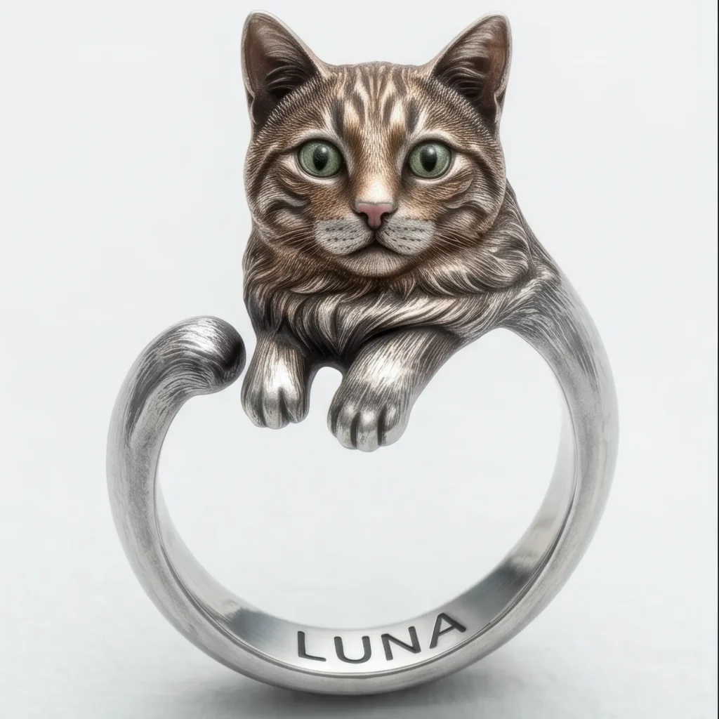custom hand painted enamel cat wrap ring in sterling silver with personalized name luna