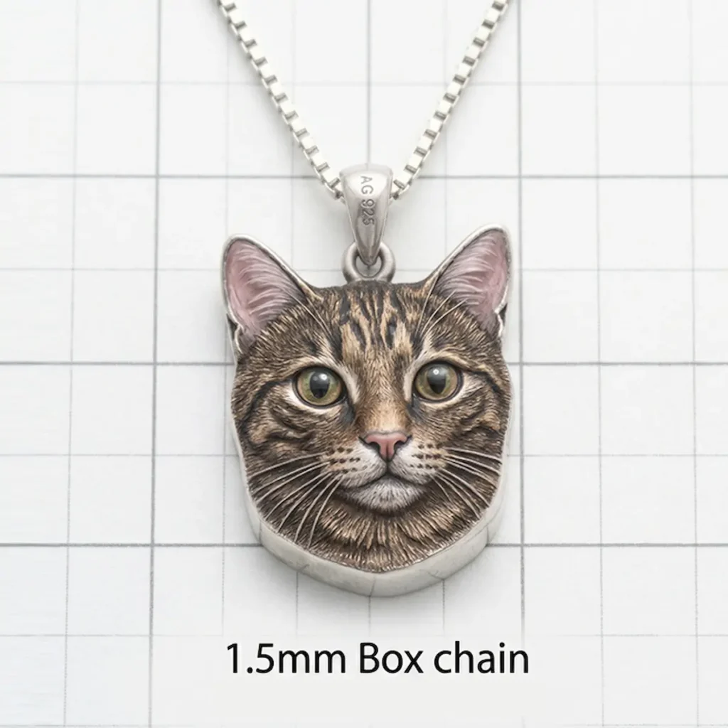custom hand painted enamel tabby cat portrait pendant in sterling silver with 1.5mm box chain