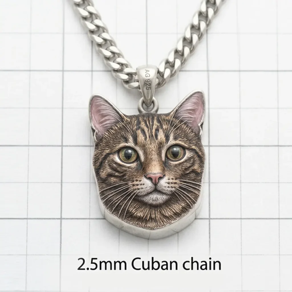 custom hand painted enamel tabby cat portrait pendant in sterling silver with 2.5mm cuban chain