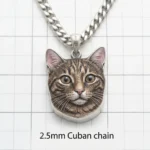 custom hand painted enamel tabby cat portrait pendant in sterling silver with 2.5mm cuban chain