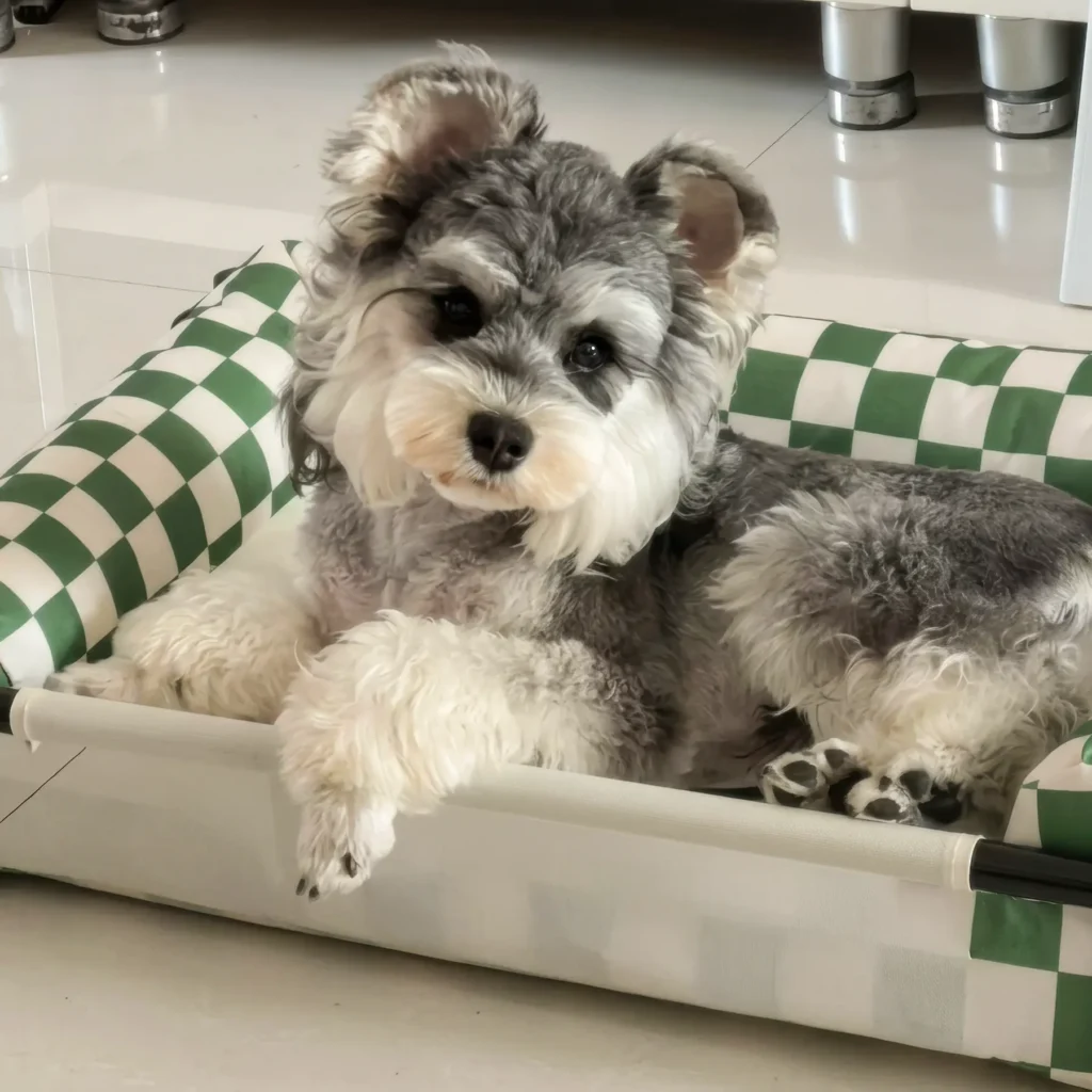 cute schnauzer dog relaxing in bed photo source for custom pet jewelry portrait