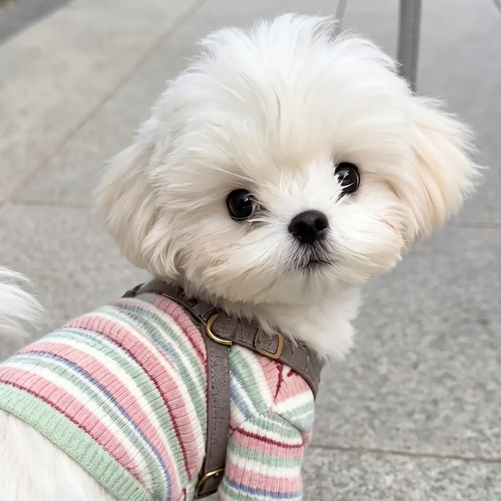 cute white maltese dog wearing striped sweater photo source for custom pet jewelry