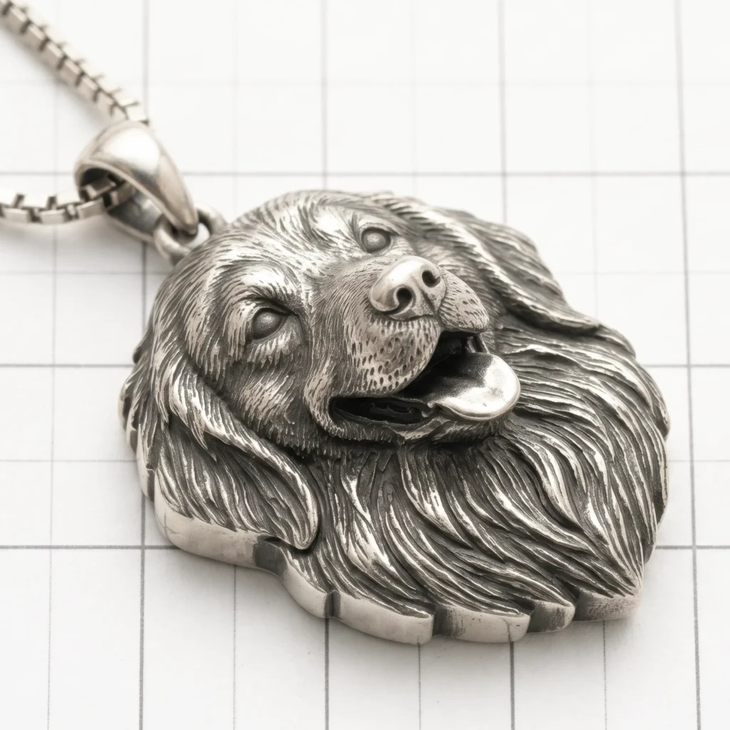 detailed 3d carved sterling silver golden retriever dog portrait pendant necklace