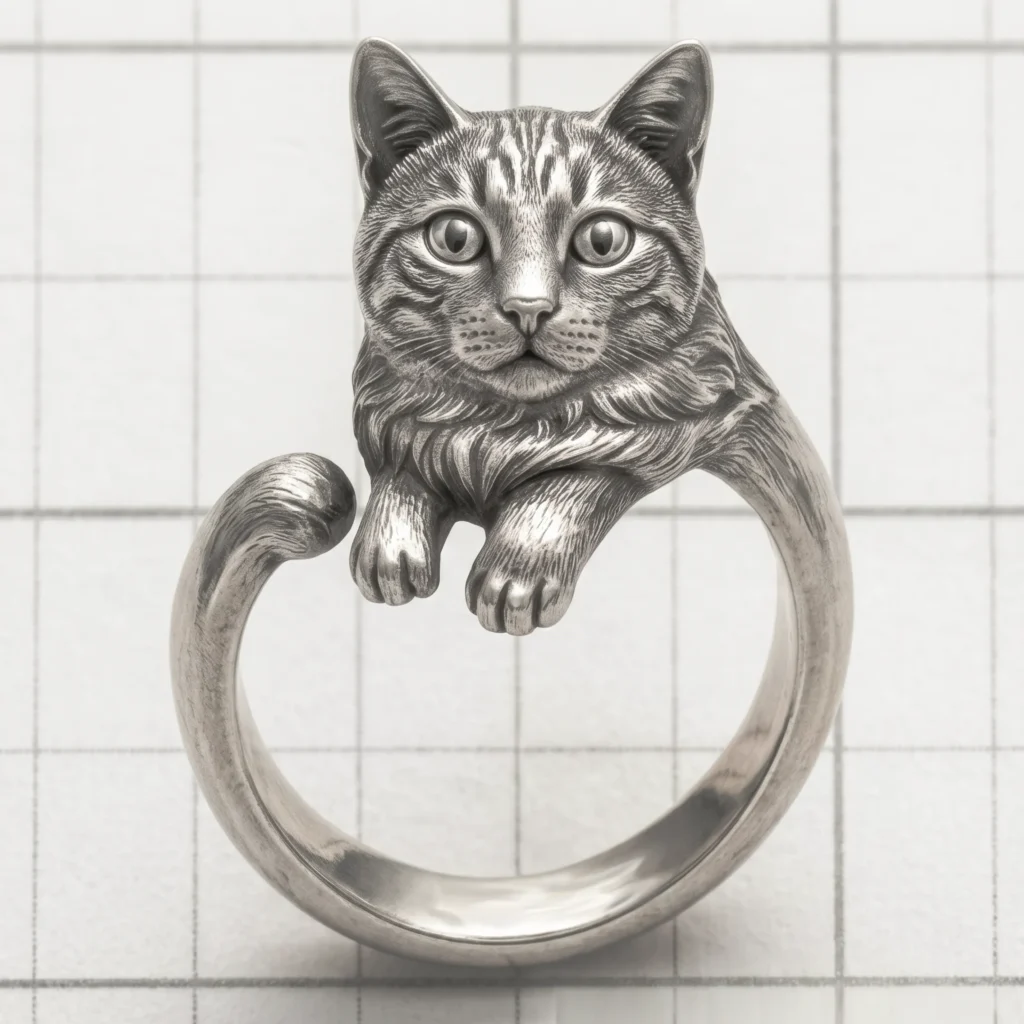 detailed 3d carved sterling silver cat wrap ring personalized pet jewelry