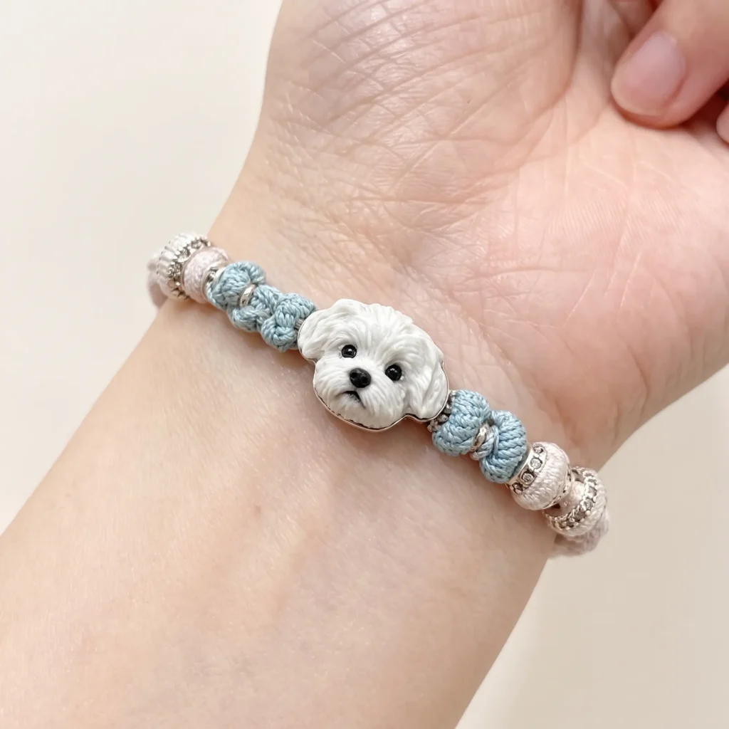 handmade braided cord pet bracelet with custom 3d white dog charm on wrist