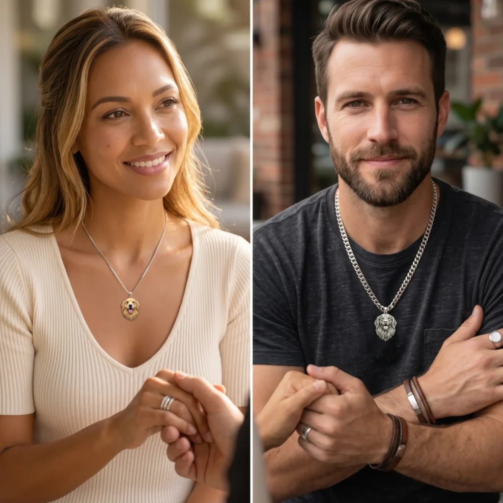 man and woman wearing custom sterling silver golden retriever pet portrait pendant necklaces