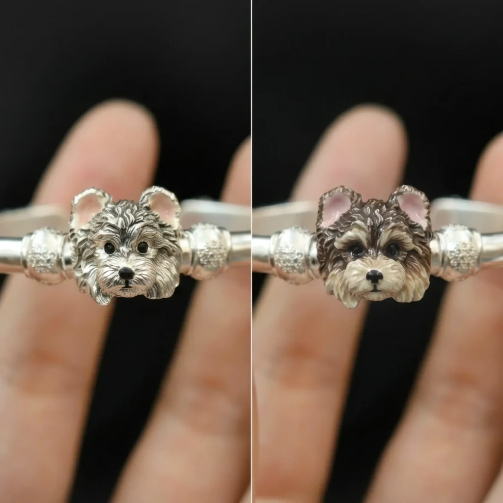 side by side comparison of silver and hand painted enamel dog portrait bangle bracelets