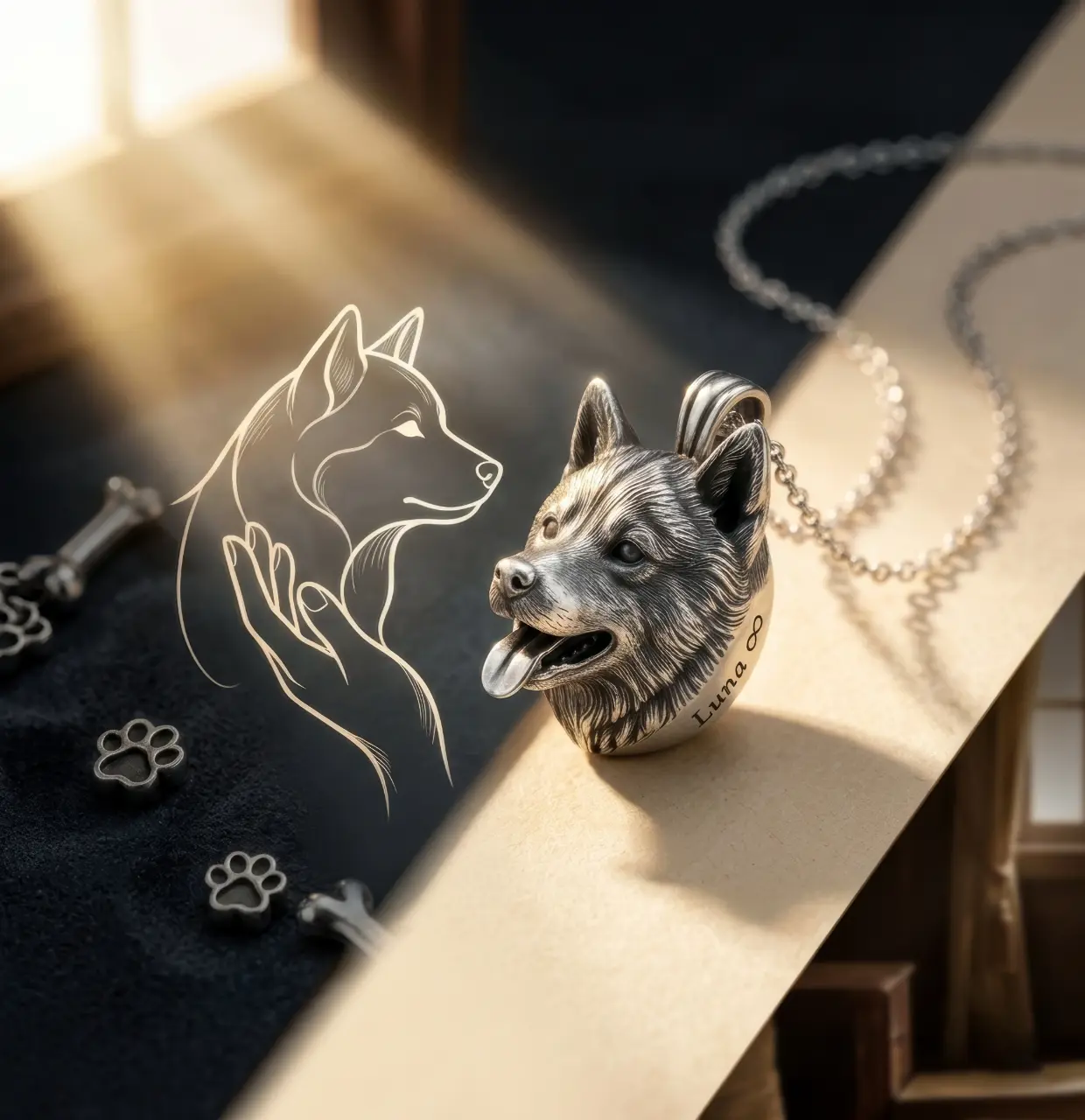 Home wove paw 925 sterling silver custom dog portrait necklace on a sunny windowsill