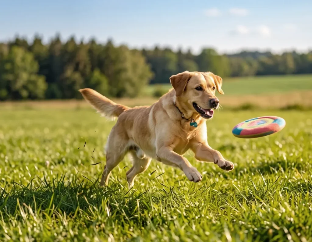 Our Story wove paw golden retriever dog running happily on green grass playing with a frisbee