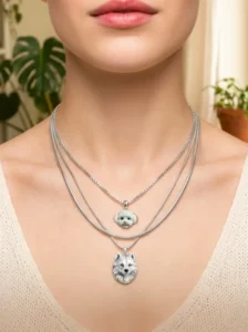 wove paw custom pet portrait necklace worn by a woman