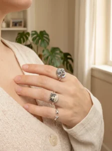 wove paw custom pet portrait silver rings on fingers