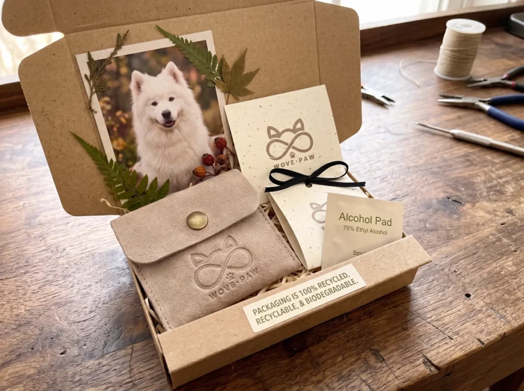 How It Works wove paw eco friendly gift box packaging with pouch, dog photo, and accessories