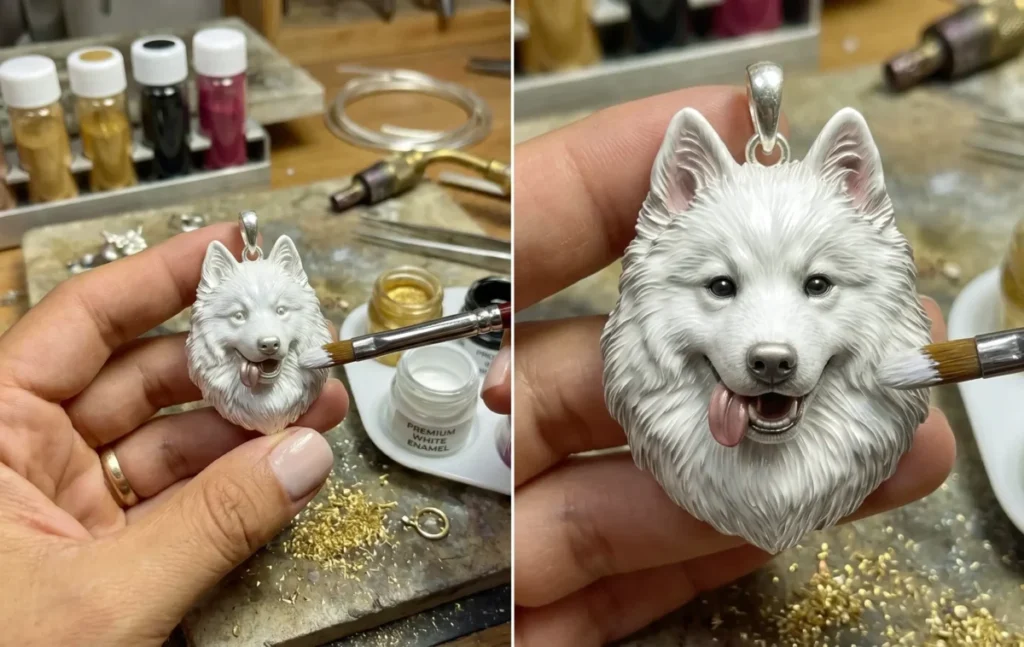 Our Story wove paw master artisan hand painting and detailing a custom white dog pendant in workshop