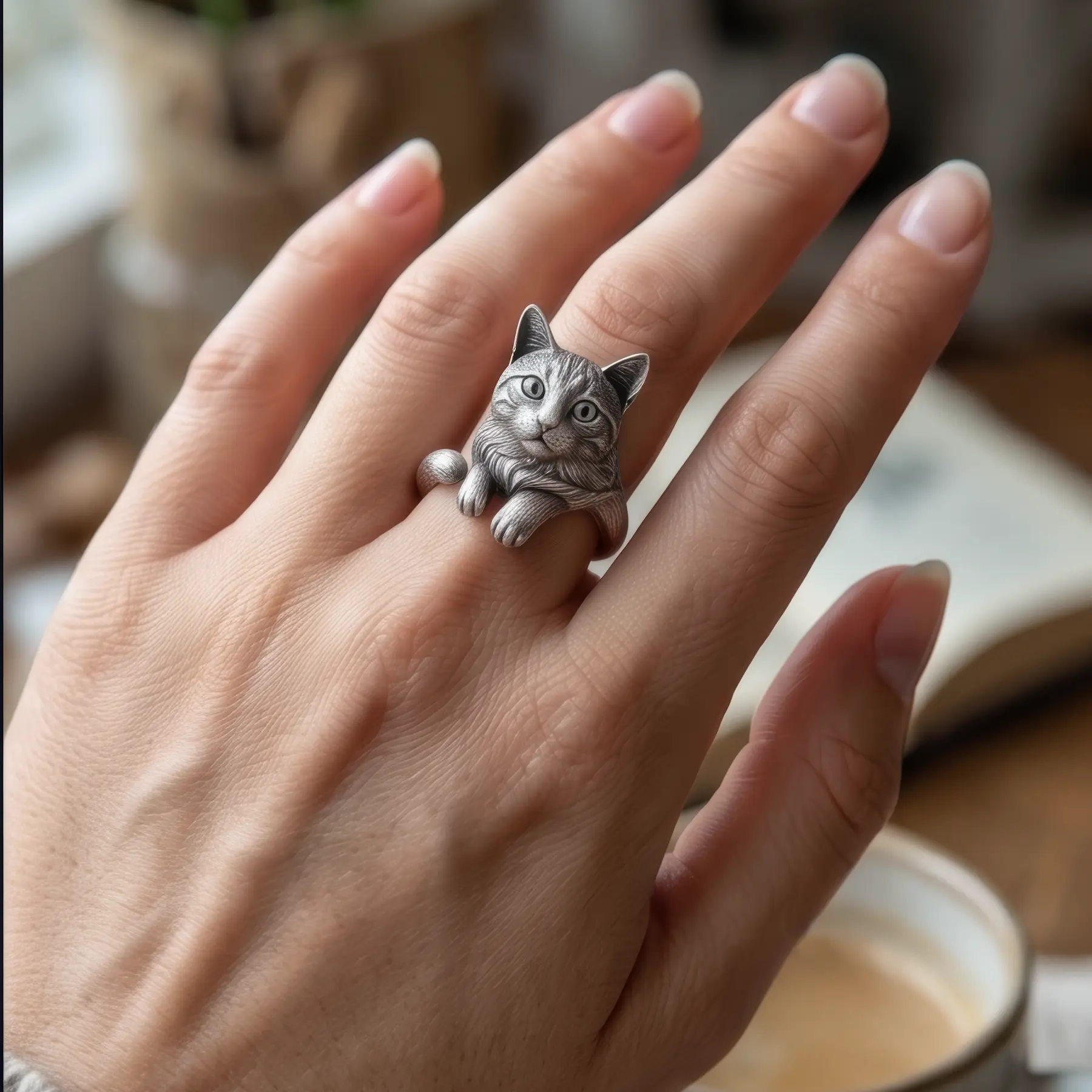 Home woman wearing a custom sterling silver 3d cat portrait wrap ring on finger