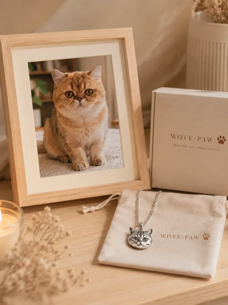 A comforting pet memorial setup featuring a custom sterling silver pet portrait necklace and a photo frame of a beloved dog.