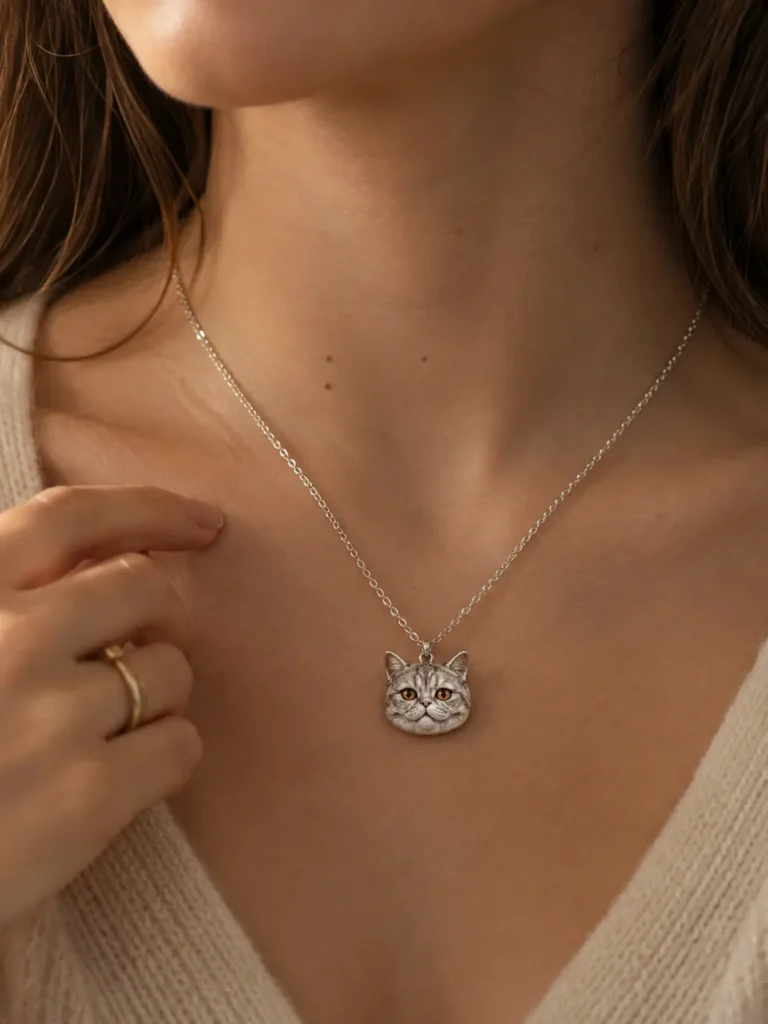 5 Meaningful Ways to Honor and Remember a Passed Pet Handcrafted 925 sterling silver custom pet portrait necklace worn as a meaningful pet memorial keepsake.