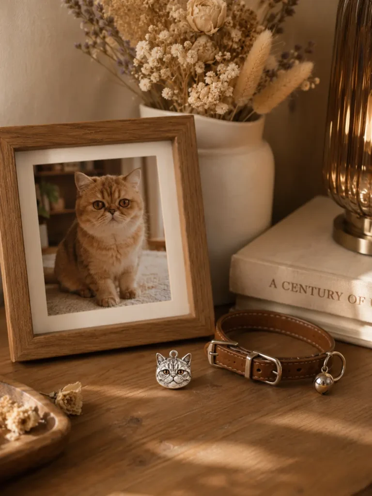 5 Meaningful Ways to Honor and Remember a Passed Pet A cozy home memory corner honoring a deceased pet with framed photo, collar, and custom silver pet keepsake.