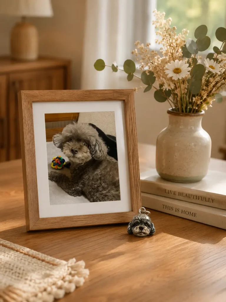 custom pet keepsake necklace next to framed pet photo