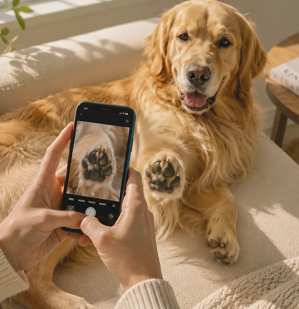 Home Hands capturing a close-up photo of a golden retriever's paw with a smartphone.
