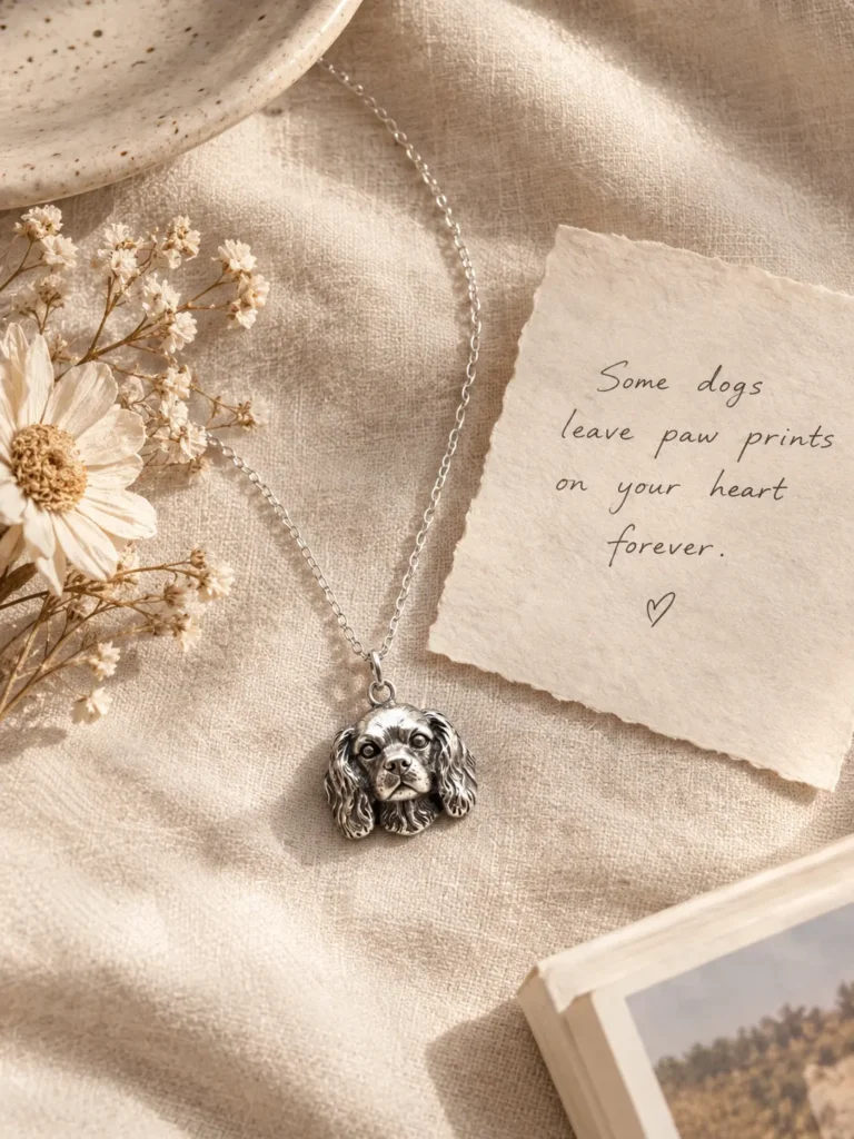 Minimalist flat lay of a silver jewelry box with a pet paw print pendant and soft linen fabric.