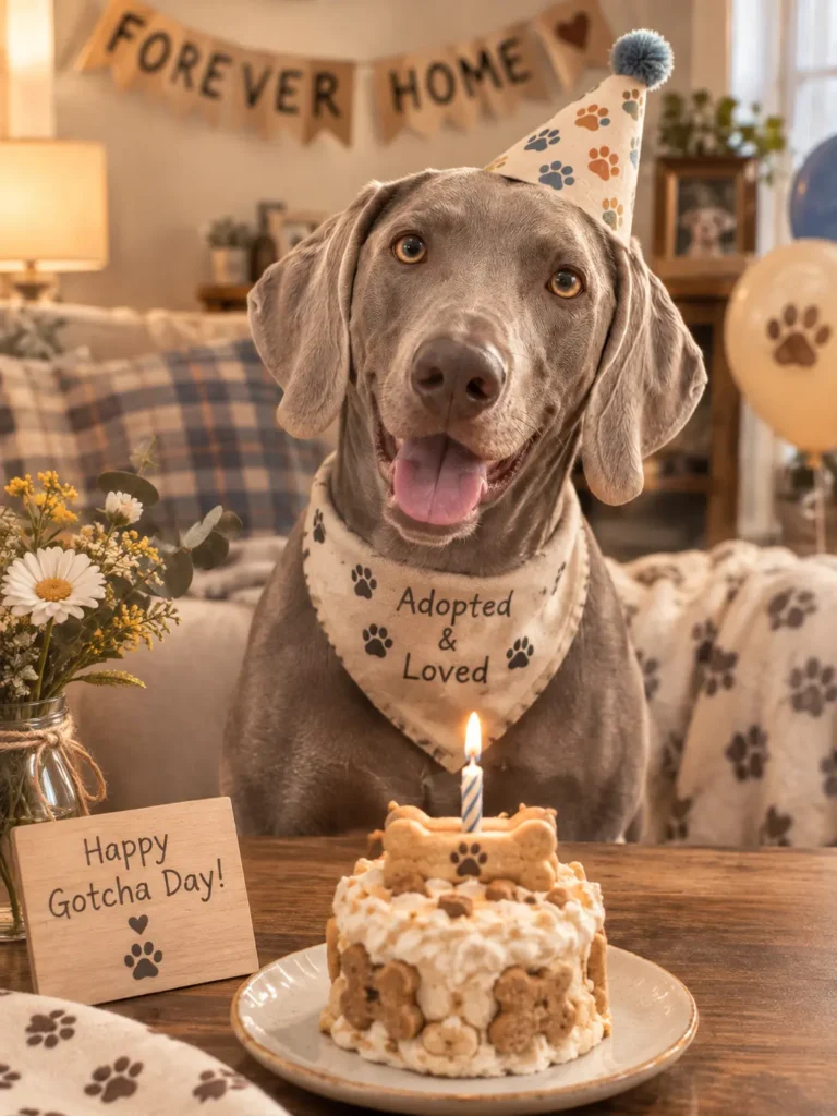 Happy rescue dog wearing a birthday bandana looking at a small cake with a candle.