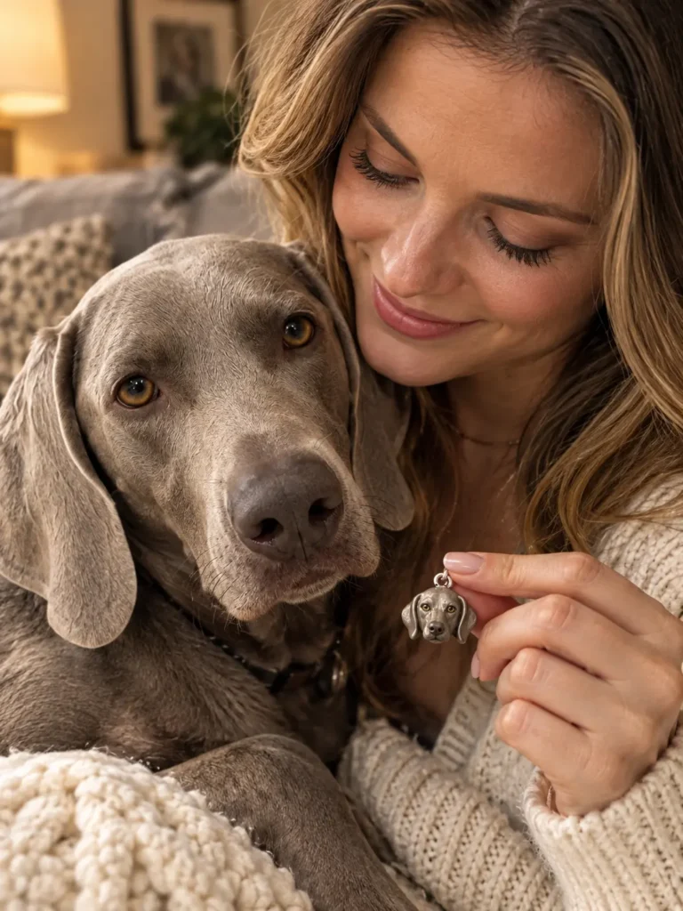 Woman holding a custom silver pet necklace next to her happy dog indoors.