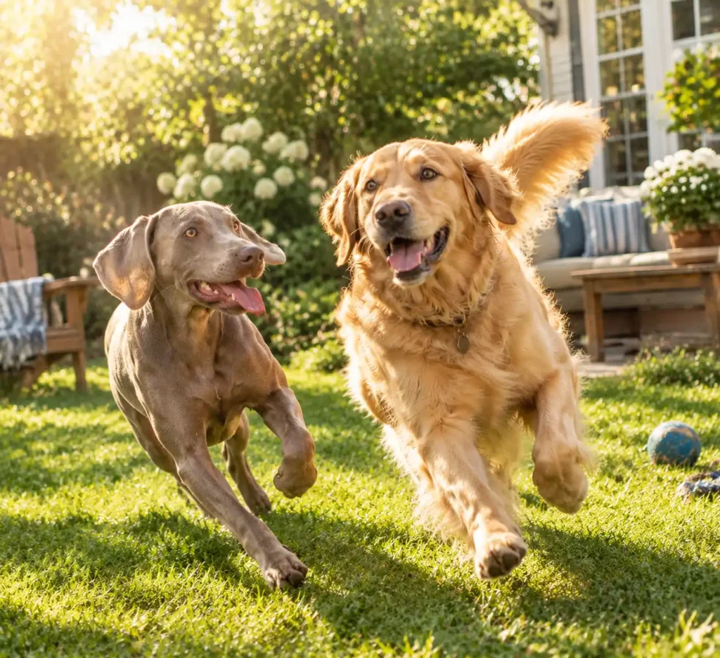Two happy dogs playing together in a sunny green backyard during a party.