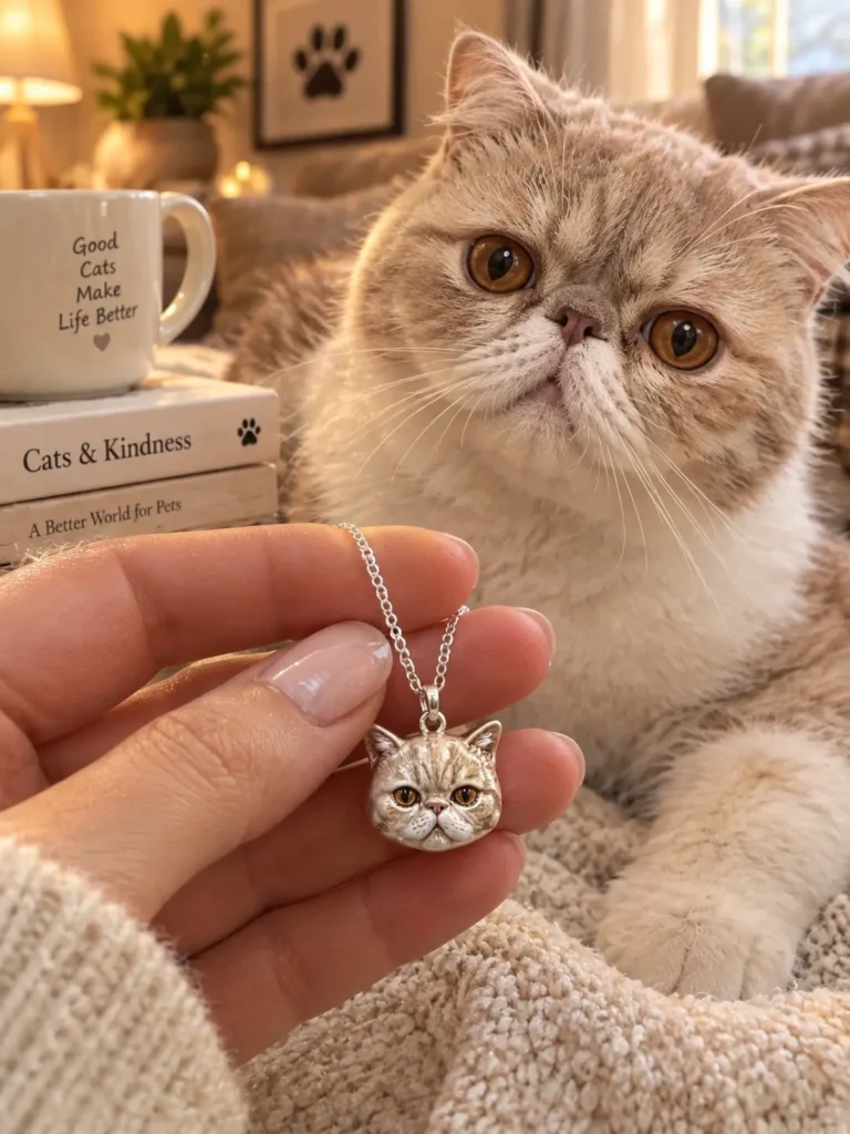 A close-up lifestyle shot of a person wearing a shiny 925 sterling silver pet pendant necklace.