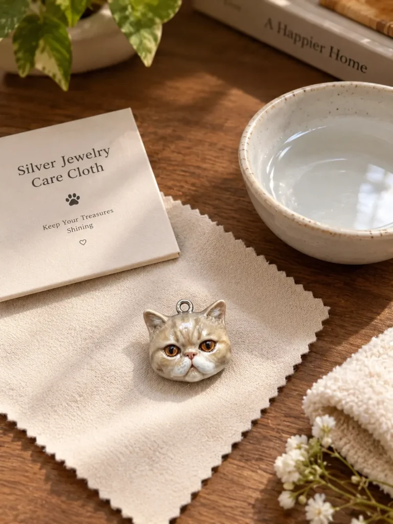 How to Clean and Care for Your 925 Sterling Silver Pet Necklace Sterling silver pet memorial necklace resting beside a professional jewelry polishing cloth.