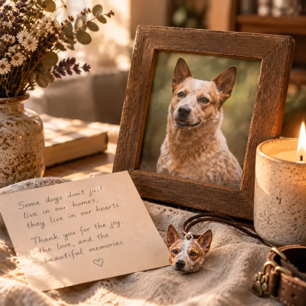 A handwritten sympathy card resting beside a soft candle and a framed pet photo.