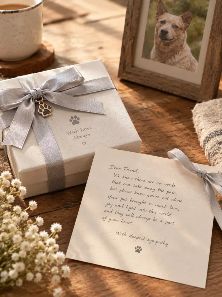 A thoughtful sympathy care package with a handwritten card and a small memorial gift on a wooden surface.