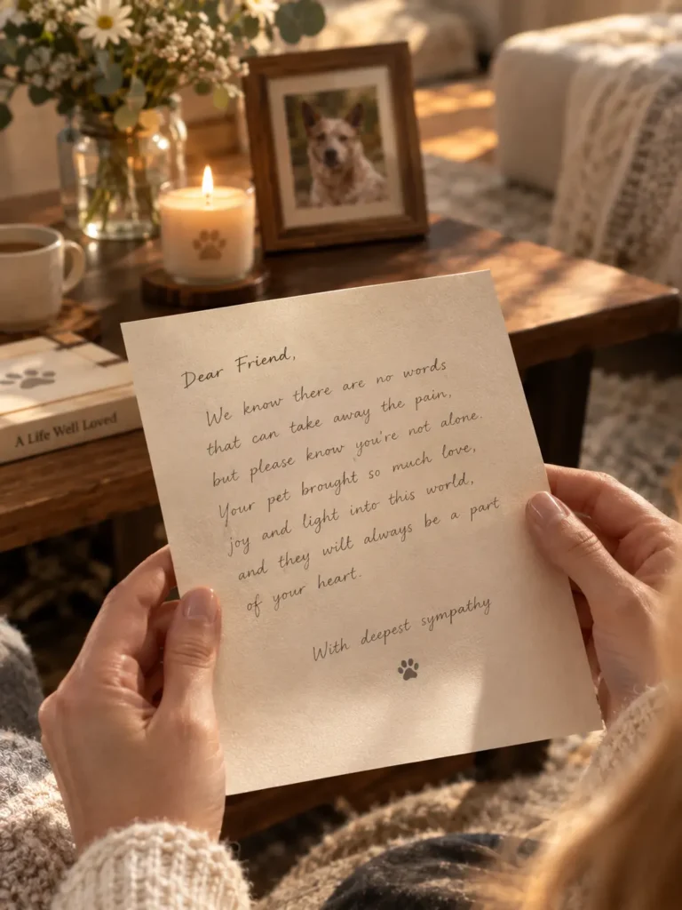 Close-up of hands holding a comforting sympathy letter in a cozy room.