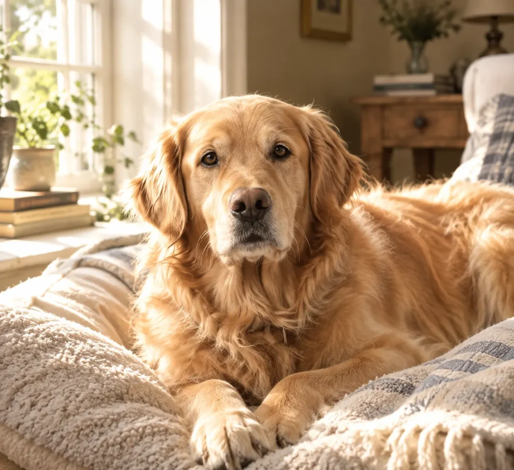 Essential Senior Dog Care Tips for a Happy Golden Age A happy senior dog with a grey muzzle resting comfortably on an orthopedic bed in a bright living room.