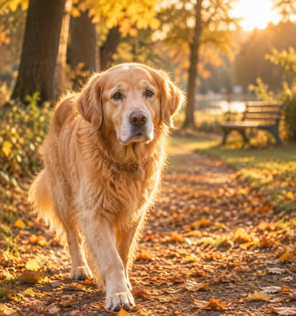Essential Senior Dog Care Tips for a Happy Golden Age Senior dog walking gently on a grassy path during a calm afternoon stroll.