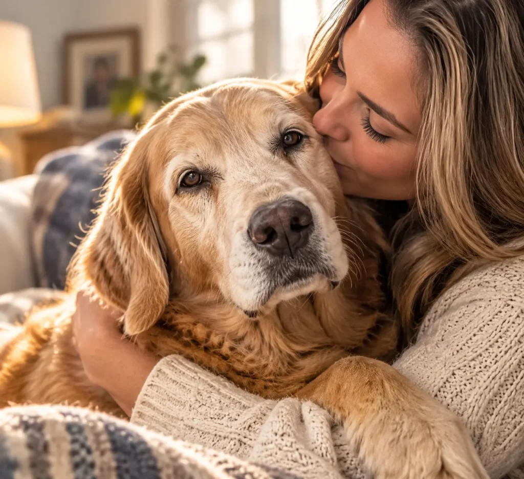 Pet owner lovingly hugging a senior dog while wearing a pet memorial necklace.