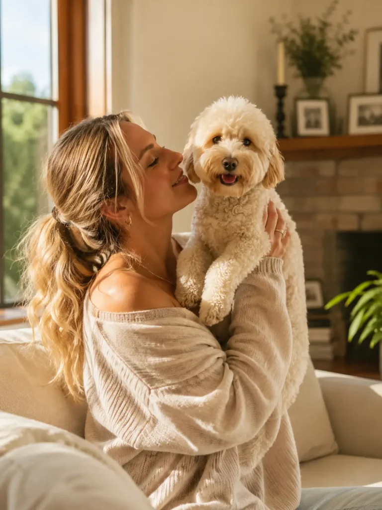 happy dog mom holding her dog outside with warm sunlight