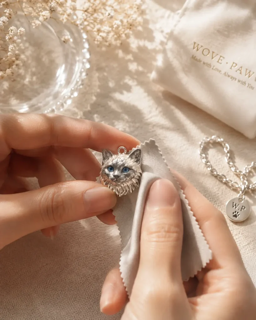Woman polishing a custom sterling silver pet portrait pendant with a soft cloth.