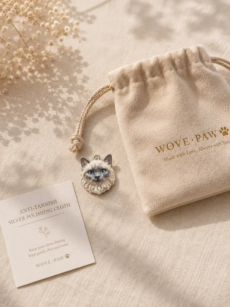 How to Care for 925 Sterling Silver Pet Jewelry to Last a Lifetime Sterling silver pet keepsake lying next to an airtight velvet jewelry pouch.